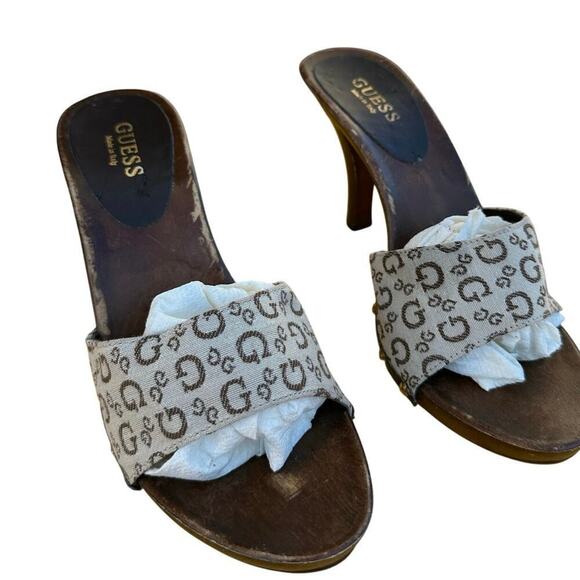 Guess Women's Tan Brown Logo Printed Platforms High Heels Size 7 Y2K 2000s - Picture 4 of 8